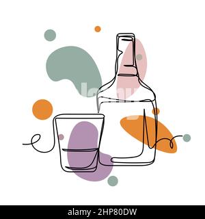 Vektor abstrakt kontinuierlich eine einzige einfache Linie Zeichnung Symbol der Flasche und Glas Alkohol in Silhouette Skizze. Perfekt für Grußkarten Stock Vektor