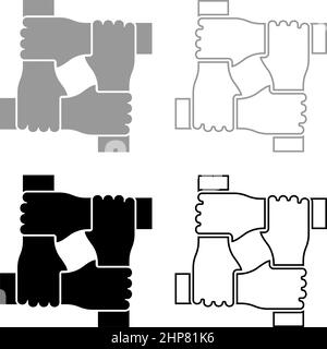 Vier Hände zusammen Konzept Teamwork united teamleading Arm ineinandergreifen am Handgelenk gemeinsam Zusammenarbeit Set Symbol grau schwarz Farbe Vektor Illustration Bild flach Stil solide Füllung Kontur Kontur Linie dünn Stock Vektor