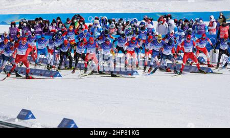 19. Februar 2022, Peking, Hebei, China: Massenstart der Männer-Langlaufski 50km Freestyle während der Olympischen Winterspiele 2022 in Peking im Zhangjiakou Langlaufzentrum. (Bild: © David G. McIntyre/ZUMA Press Wire) Stockfoto