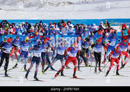 19. Februar 2022, Peking, Hebei, China: Massenstart der Männer-Langlaufski 50km Freestyle während der Olympischen Winterspiele 2022 in Peking im Zhangjiakou Langlaufzentrum. (Bild: © David G. McIntyre/ZUMA Press Wire) Stockfoto