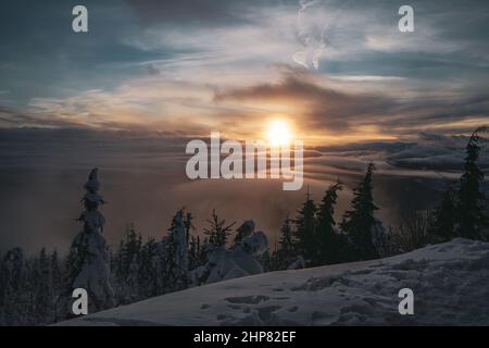 Dramatischer Sonnenuntergang mit Bäumen und niedrigen Wolken Blick Landschaft vom Mountain Peak mit tiefem Schnee Stockfoto