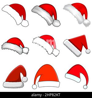 Weihnachten Santa Claus Hüte mit Fell. Neues Jahr Red Hat isoliert auf weißem Hintergrund. Winter Cap. Vector Illustration. Stock Vektor