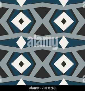 Geometrische Fliesen ethnischen Patchwork nahtlos wiederholen Muster Vektor Illustration Schwarz weiß blau Farben Mode abstrakt Linien Grafik Design Hintergrund Streifen Muster futuristische Kunst Tapete Mosaik Stock Vektor