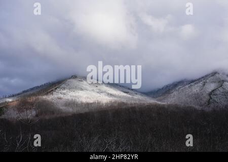 Majestätische Aussicht auf das eisige Waldwunderland des Rauhfrosts im Great Smoky Mountain National Park auf der neu entdeckten Gap Road in den südlichen Appalachen. Stockfoto