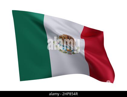 3D Abbildung Flagge von Mexiko. Mexikanische hochauflösende Flagge vor weißem Hintergrund isoliert. 3D Rendern Stockfoto