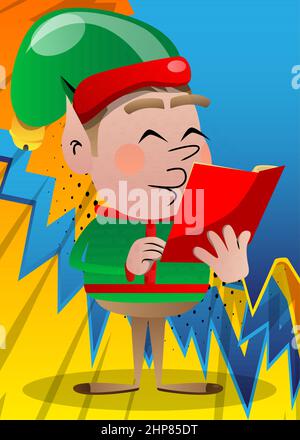 Weihnachtself liest ein rotes Buch. Stock Vektor