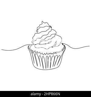 Vektor kontinuierliche eine einzige Linie Zeichnung Symbol des Cupcake mit cremig in Silhouette auf weißem Hintergrund. Linear stilisiert. Stock Vektor