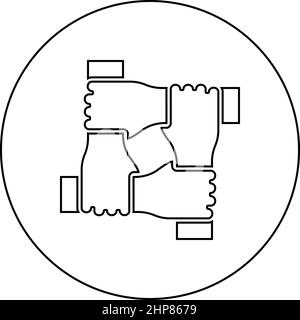 Vier Hände zusammen Konzept Teamwork united teamleading Arm ineinandergreifen am Handgelenk gemeinsam Zusammenarbeit Symbol im Kreis rund schwarz Farbe Vektor Illustration Bild Umriss Kontur Linie dünn Stil Stock Vektor