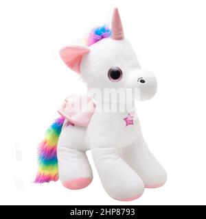 Nettes Einhorn isoliert auf weißem Hintergrund, Plüsch-Spielzeug für Kinder, rosa Farben Stockfoto