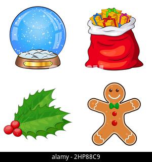 Weihnachts-Symbole-Kollektion. Große Reihe von Weihnachts-Symbole. Saisonale Cartoon-Illustrationen isoliert auf weiß. Ornament und Dekorationen für den Urlaub. Holy Berry, elf, Schuhe, Geschenk, Kerze, Licht, Saite, Kugeln. Stock Vektor