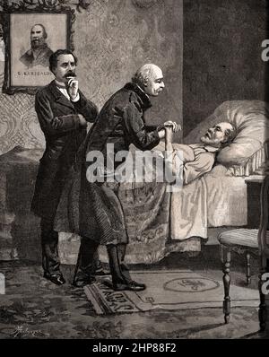 Abschied von Freunden, Giuseppe Mazzini auf seinem Sterbebett 1872 von Maler Mantegazza, Mazzini ( Giuseppe Mazzini 1805 – 1872 ) Italienisch, Politiker, Journalist, Aktivist, Italien Italienisch Stockfoto