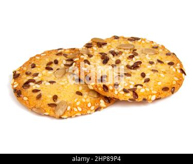 Vollkorn-Snack-Cerealien-Kekse mit isolierten Samen auf dem weißen Hintergrund Stockfoto