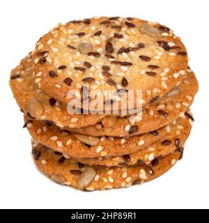 Vollkorn-Snack-Cerealien-Kekse mit isolierten Samen auf dem weißen Hintergrund Stockfoto