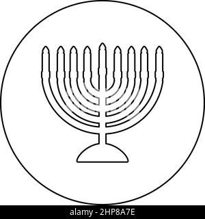 Chanukah Menorah jüdischen Feiertag Kerzenleuchter mit Kerzen Israel Kerzenhalter Symbol im Kreis rund schwarz Farbe Vektor Illustration Bild umreißen Kontur Linie dünnen Stil Stock Vektor