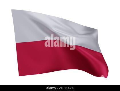 3D Illustration Flagge von Polen. Polnische hochauflösende Flagge vor weißem Hintergrund isoliert. 3D Rendern Stockfoto