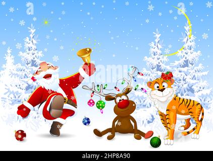 Weihnachtsmann, Hirsch und Tiger im Winterwald Stock Vektor