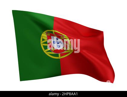 3D Abbildung Flagge von Portugal. Portugiesische Flagge mit hoher Auflösung, isoliert vor weißem Hintergrund. 3D Rendern Stockfoto