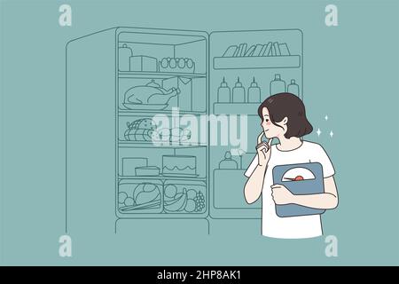 Junge Frau mit Waage schaut in den Kühlschrank Stock Vektor