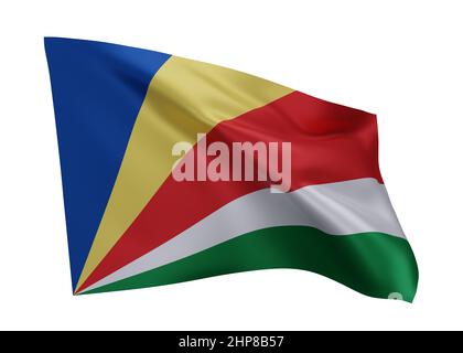 3D Illustration Flagge der Seychellen. Seychellen hochauflösende Flagge vor weißem Hintergrund isoliert. 3D Rendern Stockfoto