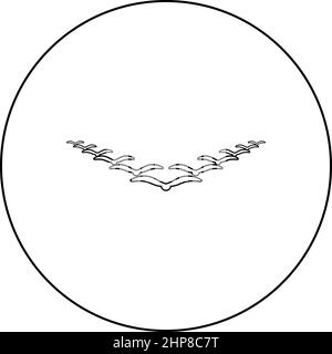 Vogelschar fliegen in den Himmel in Keil Schlüssel Führung Konzept Migration Silhouette Symbol im Kreis rund schwarz Farbe Vektor Illustration Bild Umriss Kontur Linie dünnen Stil Stock Vektor