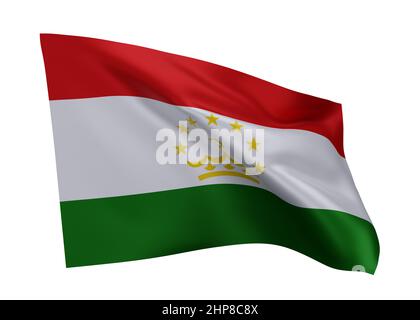 3D Illustration Flagge Tadschikistans. Tadschikistan hochauflösende Flagge isoliert vor weißem Hintergrund. 3D Rendern Stockfoto