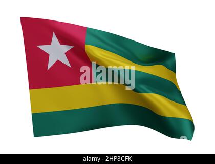 3D Illustration Flagge von Togo. Togolesische Republik hochauflösende Flagge isoliert vor weißem Hintergrund. 3D Rendern Stockfoto