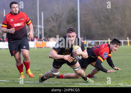 Heidelberg, Deutschland. 19th. Februar 2022. Rugby Europe Trophy, Matchday 6, Deutschland - Belgien. Try for Germany von Justin Renc (Deutschland, M), der in den Strafraum des Gegners eintaucht. Quelle: Jürgen Kessler/Kessler-Sportfotografie/dpa/Alamy Live News Stockfoto