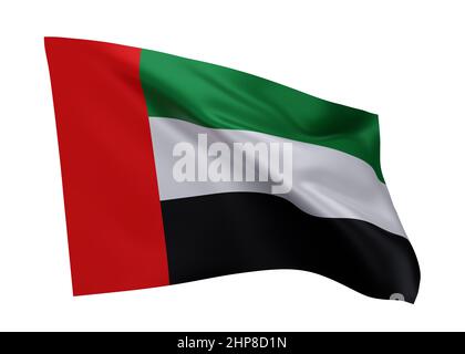 3D Illustration Flagge der Vereinigten Arabischen Emirate. Vereinigte Arabische Emirate hochauflösende Flagge isoliert vor weißem Hintergrund. 3D Rendern Stockfoto