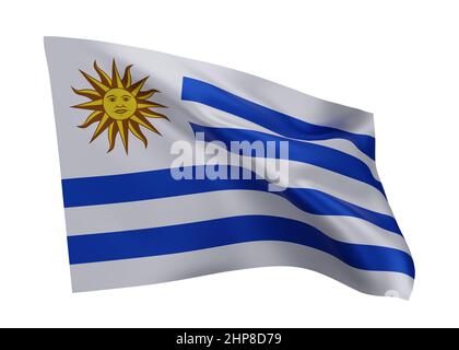 3D Illustration Flagge von Uruguay. Uruguayische hochauflösende Flagge vor weißem Hintergrund isoliert. 3D Rendern Stockfoto