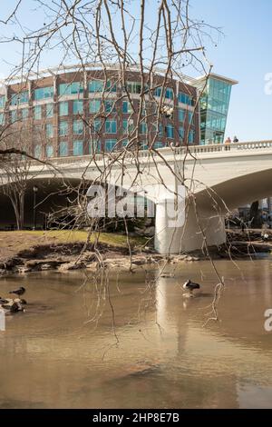 Falls Park on the Reedy ist ein toller Ort in der Innenstadt für ein Wochenende in Greenville, South Carolina mit Wanderwegen, Wasserfällen, Restaurants, Geschäften und Gärten. Stockfoto