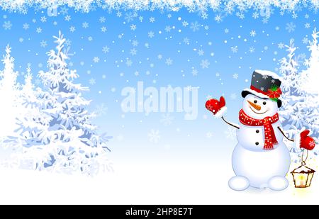 Schneemann mit Laterne im Winterwald Stock Vektor