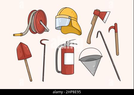 Set aus Feuerwehruniform und Werkzeugen für die Brandbekämpfung Stock Vektor