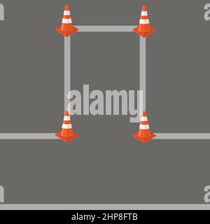 Satz von gestreiften roten Verkehrskegel-Symbolen auf grauem Straßenhintergrund Stock Vektor