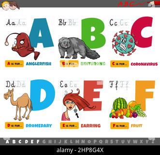 Pädagogische Cartoon Alphabet Buchstaben für Kinder von A bis F Stock Vektor