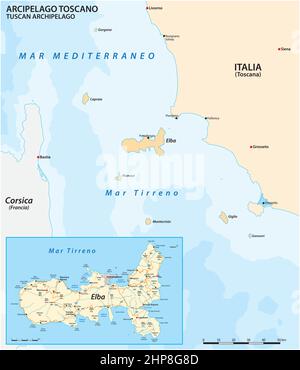 Karte der Insel Elba und des Toskanischen Archipels, Italien Stock Vektor