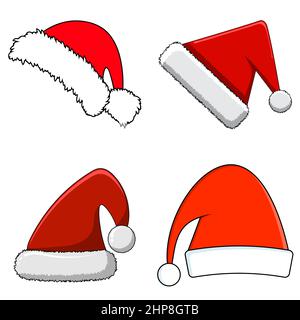 Weihnachten Santa Claus Hüte mit Fell. Neues Jahr Red Hat isoliert auf weißem Hintergrund. Winter Cap. Vector Illustration. Stock Vektor