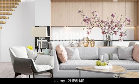 Modernes, helles Wohnzimmer im skandinavischen Stil. 3D Rendern Stockfoto