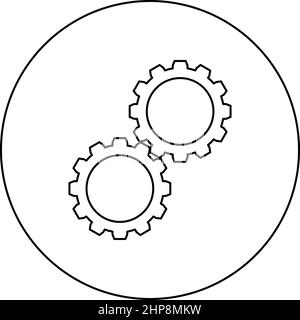 Zwei Zahnräder Zahnrad Zahnräder Satz Zahnräder verbunden in Arbeitsmechanismus Symbol im Kreis Runde schwarze Farbe Vektor Illustration Bild Umriss Kontur Linie dünnen Stil Stock Vektor