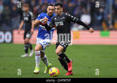 Genua, Italien, 19th. Februar 2022. Fabiano Parisi von Empoli FC wird von Fabio Quagliarella von UC Sampdoria während der Serie A Spiel in Luigi Ferraris, Genua verfolgt. Bildnachweis sollte lauten: Jonathan Moscrop / Sportimage Stockfoto