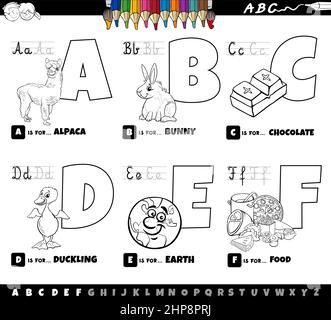 Pädagogische Karikatur Alphabet Buchstaben von A bis F Farbe Buchseite gesetzt Stock Vektor