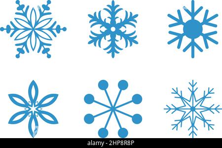 Eisblaue frostige abstrakte Schneeflocken-Symbole auf weißem Hintergrund. Stock Vektor