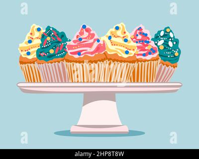 Cartoon Cupcakes mit bunten Sahnetorten und cremefarbener Dekoration auf dem Teller. Handgezeichneter Kuchen isoliert auf weißem Hintergrund, Vektorgrafik. Küche Wüste Ikonen Objekte flache Design-Elemente Stock Vektor