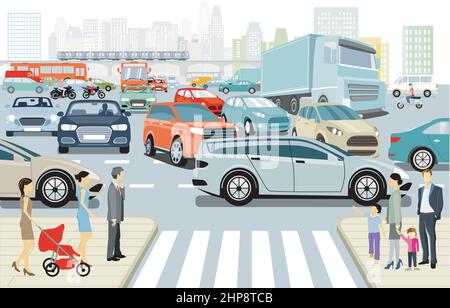 Stadt in der Hauptverkehrszeit mit einer Kreuzung in Stau und öffentlichen Verkehrsmitteln Illustration Stock Vektor