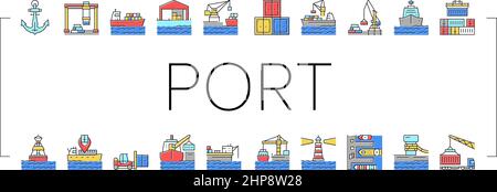 Container Port Tool Collection Icons Set Vector . Stock Vektor