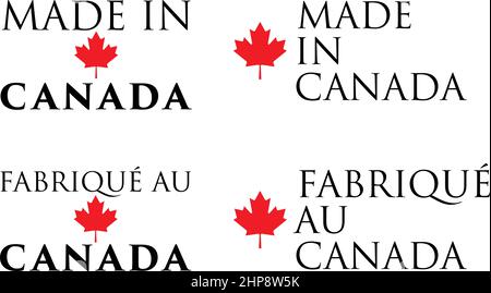 Einfach gemacht in Kanada/('Fabrique au Canada" im Französischen) Label. Text mit Red maple leaf angeordnet horizontal und vertikal. Stock Vektor