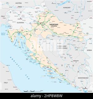 vektor-Karte von Autobahnen und Hauptstädten von Kroatien Stock Vektor