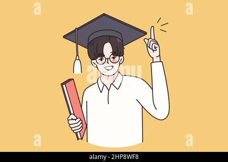 Glücklicher Kerl in Mütze begeistert mit Schulabschluss Stock Vektor