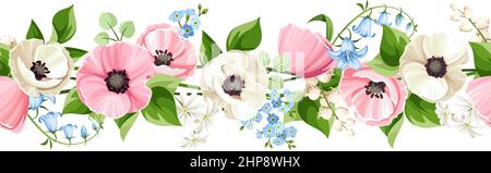 Horizontaler nahtloser Rand mit rosa und weißen Mohnblumen, blauen Bluebell- und Forget-Me-Not-Blumen und weißen Maiglöckchen-Blüten. Vektorgrafik Stock Vektor