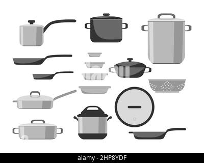 Cartoon-Kochgeschirr aus Edelstahl und Antihaftbeschichtung, Töpfe, Pfannen, Kochtöpfe und Utensilien, Kochgeschirr isoliert auf weißem Hintergrund, Vektorgrafik. Küchen-Icons Objekte Elemente zum Kochen und Braten Stock Vektor