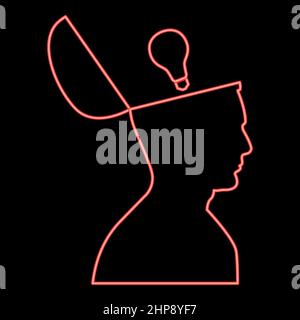 Neon Mann mit Glühbirne Idee offenen Kopf rot Farbe Vektor Illustration Bild flach Stil Stock Vektor